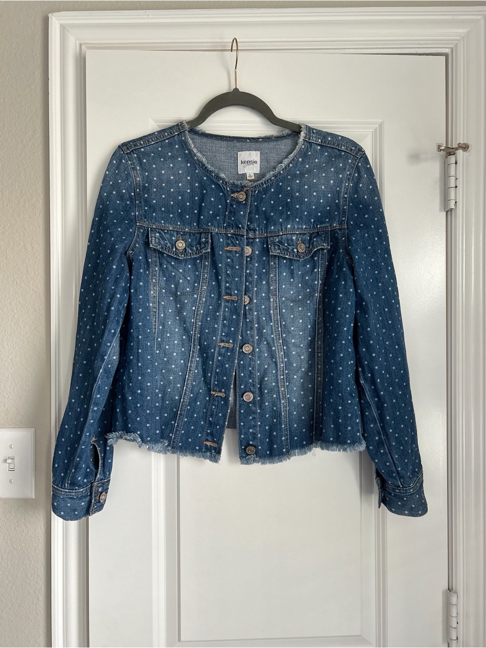 Kensie Girl Blue Polka Dot Cropped Denim Jacket
